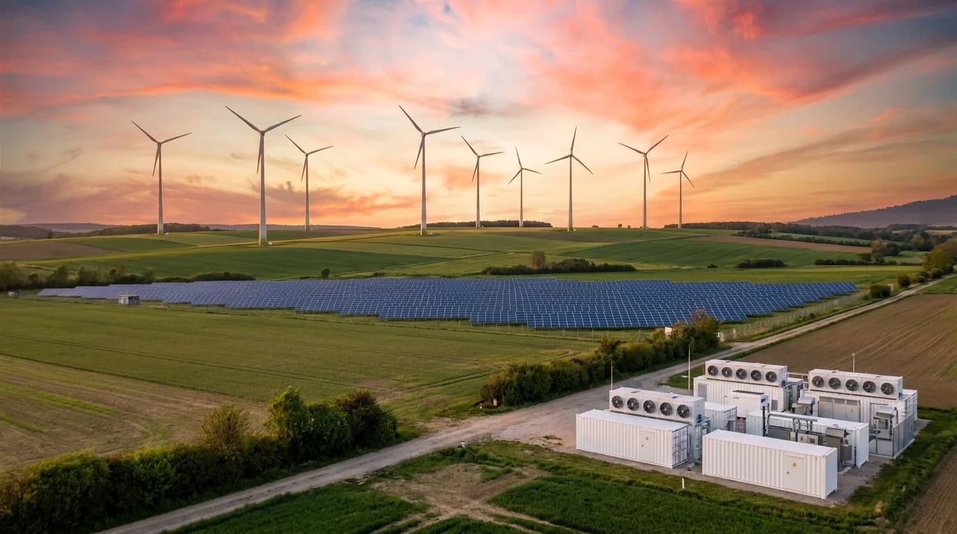Deutsche Landschaft mit Windkraftanlagen, Solarpark und Batteriegroßspeicher im goldenen Abendlicht