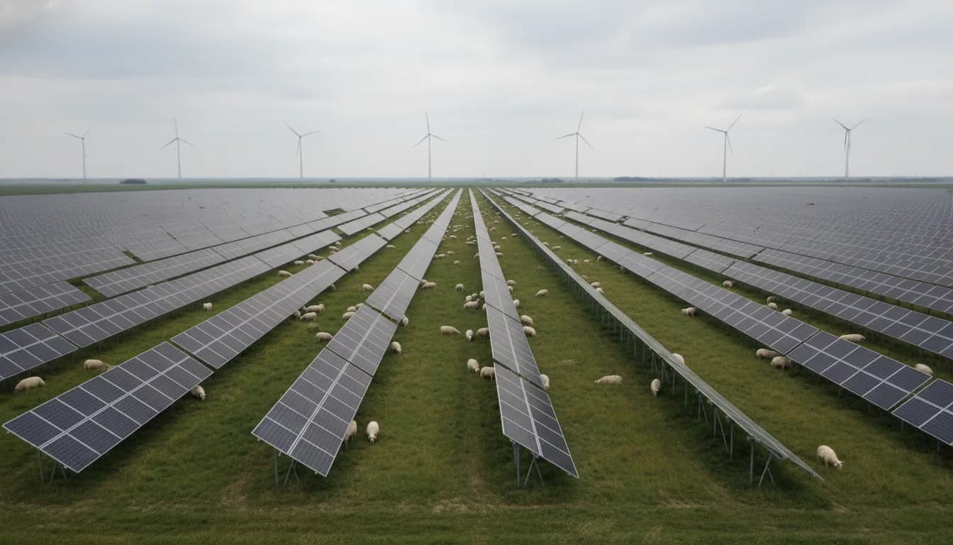 Solarpark auf einer Freifläche in Niedersachsen mit flacher Landschaft und Photovoltaik-Modulen