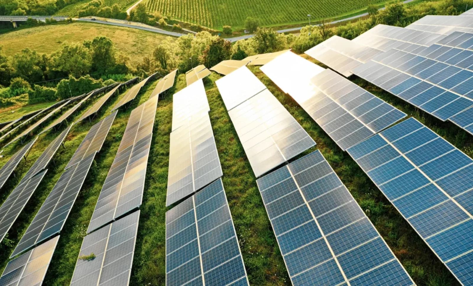 Solarpark mit Photovoltaikmodulen in einer grünen Landschaft, Symbol für Vorteile und Nachteile von Photovoltaik