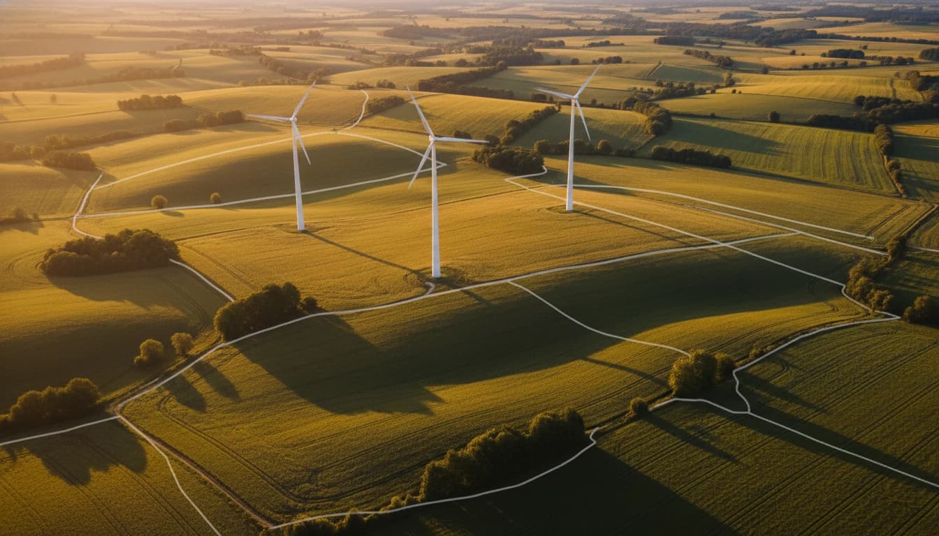 Windkraftanlagen auf landwirtschaftlicher Fläche im Abendlicht, Luftaufnahme