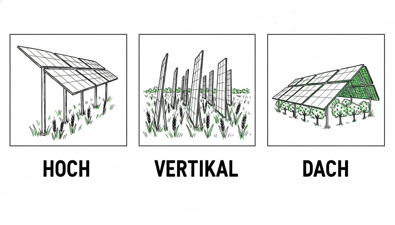 Drei Bauformen der Agri-Photovoltaik: hoch aufgeständerte Systeme über Feldfrüchten, vertikal aufgestellte bifaziale Module zwischen Kulturen und dachähnliche Strukturen über Obstplantagen.