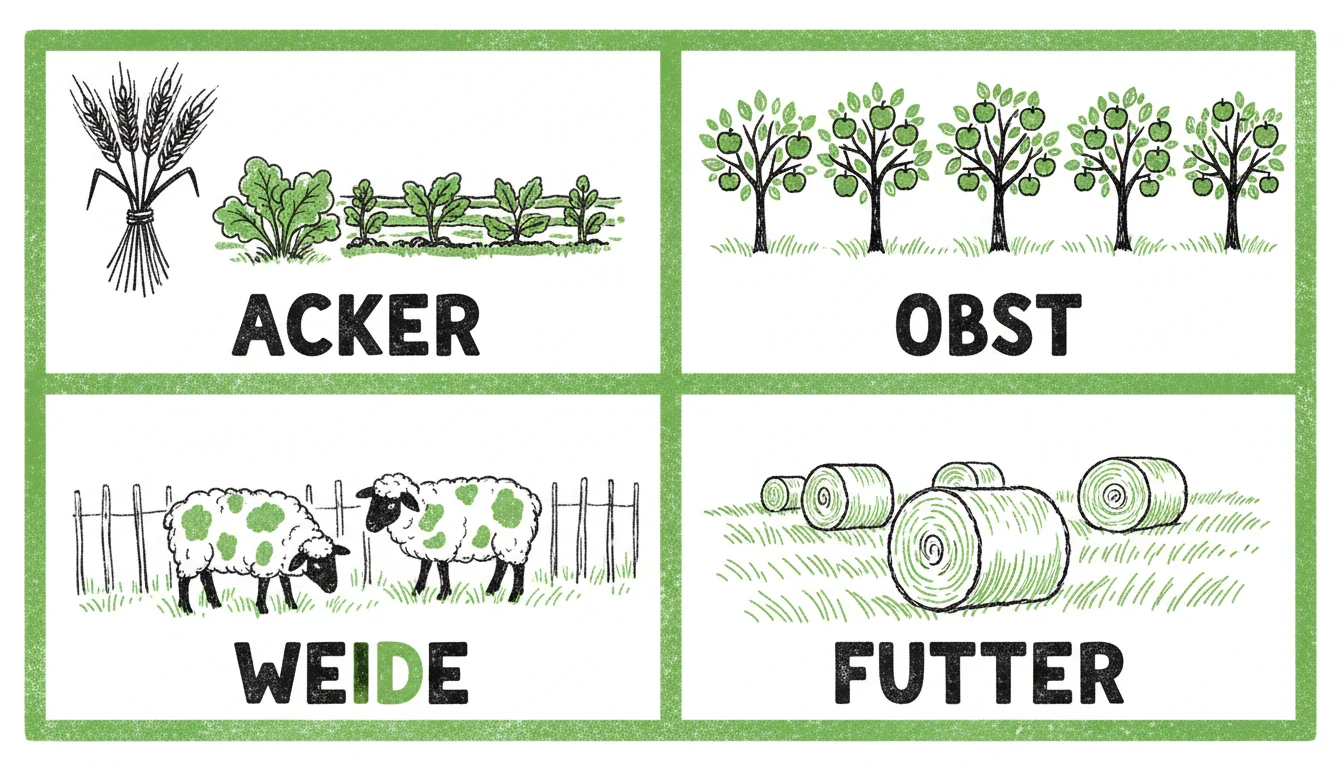Vier Einsatzgebiete der Agri-Photovoltaik: Ackerbau mit Feldfrüchten, Obstbau, Weidewirtschaft mit Schafen unter den Panels und Futterbau.