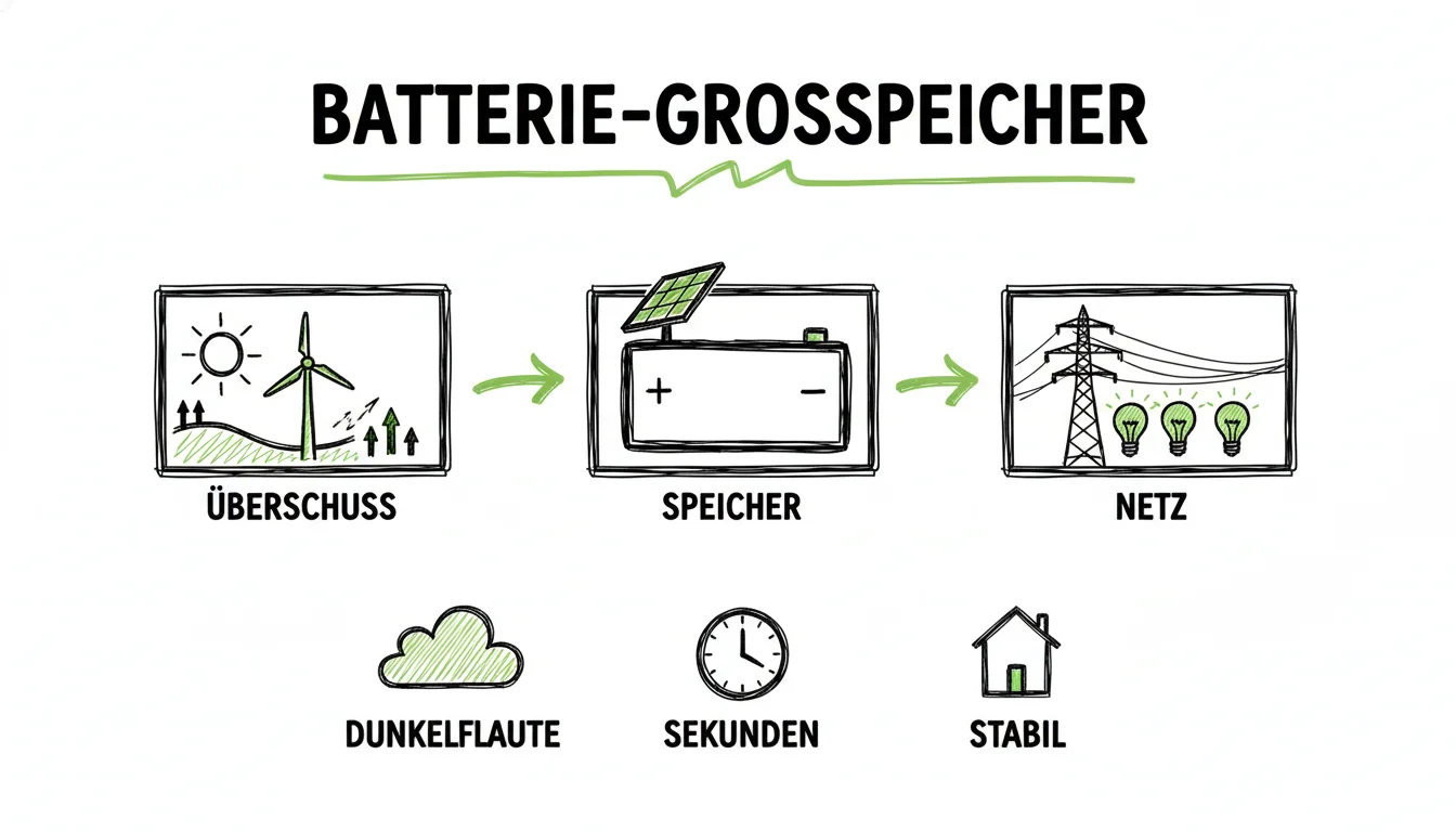Batterie-Großspeicher: Überschüssiger Strom aus Sonne und Wind wird gespeichert und bei Dunkelflaute sekundenschnell wieder ins Netz eingespeist.