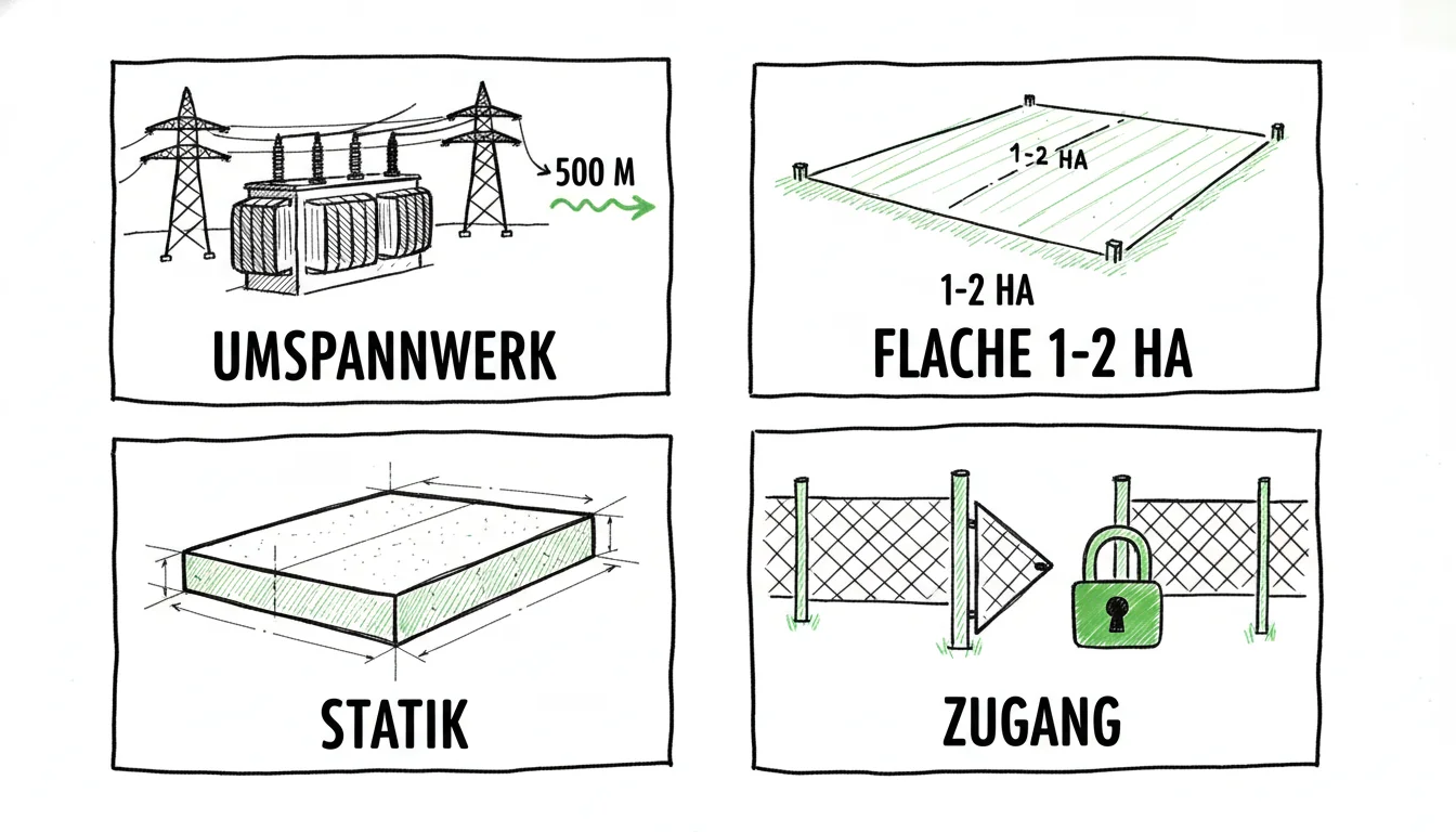 Vier Anforderungen an BESS-Flächen: Nähe zum Umspannwerk (unter 500 m), Flächengröße 1–2 Hektar, tragfähige Statik und gesicherter Zugang.