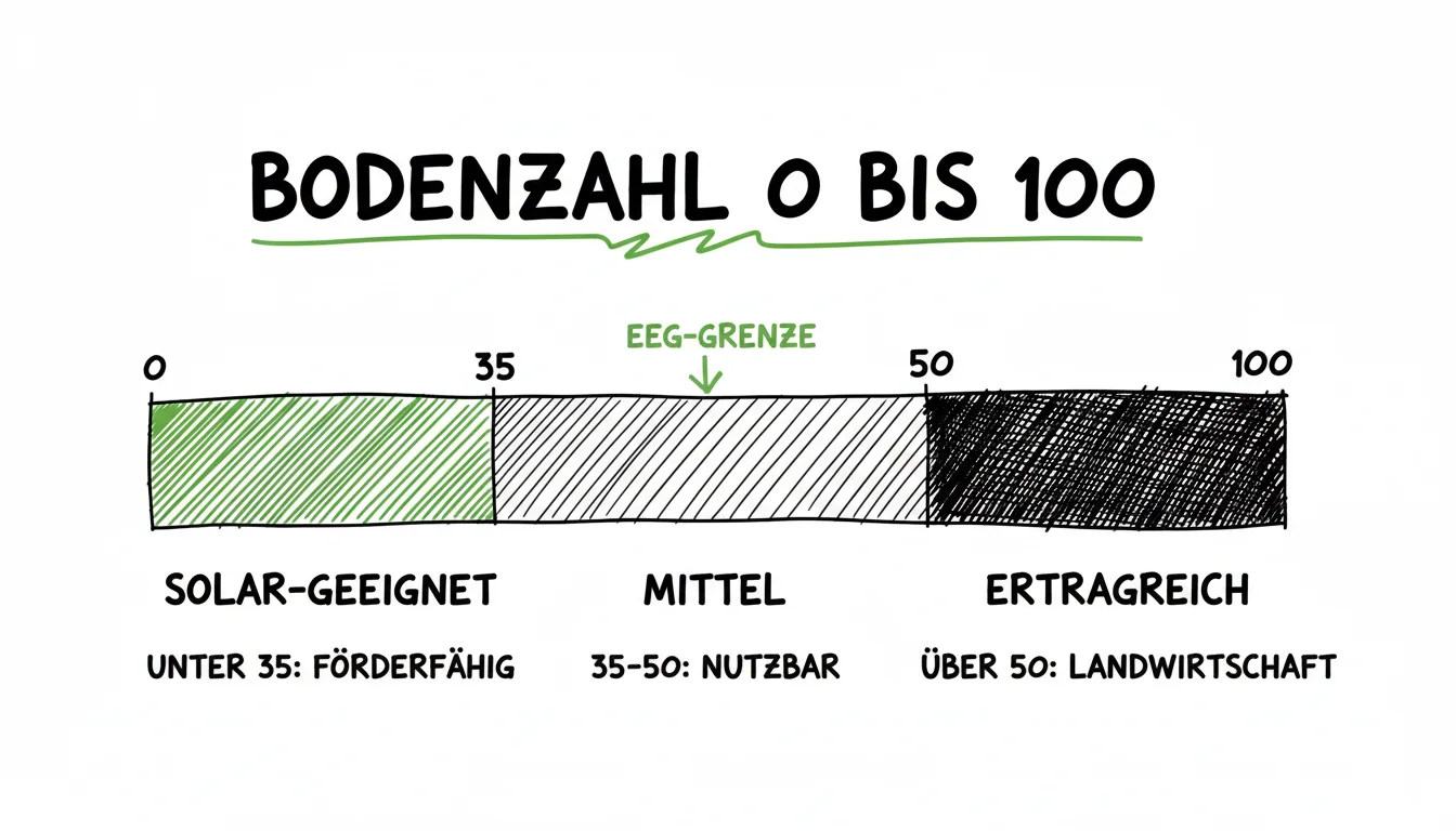 Bodenzahl-Skala von 0 bis 100: Unter 35 Bodenpunkten sind Flächen EEG-förderfähig für Solarparks, 35 bis 50 sind mittelertragreich, über 50 werden klassisch landwirtschaftlich genutzt.