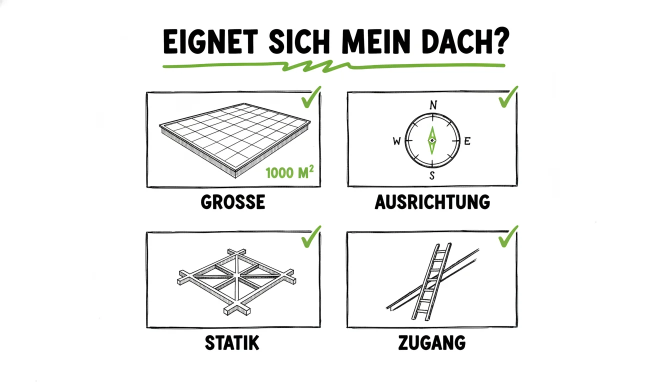 Dachfläche verpachten: Vier Eignungskriterien für Photovoltaik, Größe ab 1.000 m², Ausrichtung, Statik und Zugang.