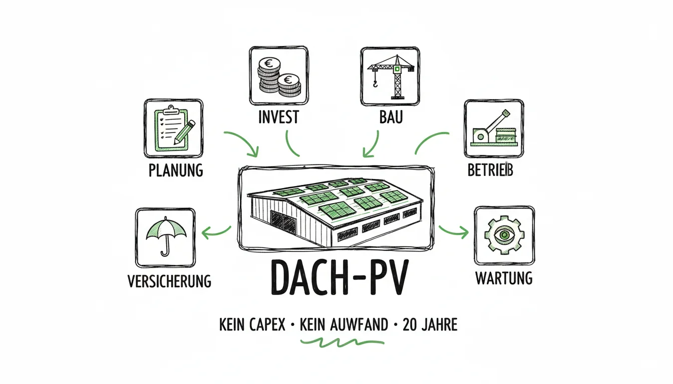 Im Pachtmodell übernimmt der Projektentwickler Planung, Investition, Bau, Betrieb, Wartung und Versicherung der Photovoltaikanlage auf dem Dach, kein Capex und kein Aufwand für den Eigentümer.