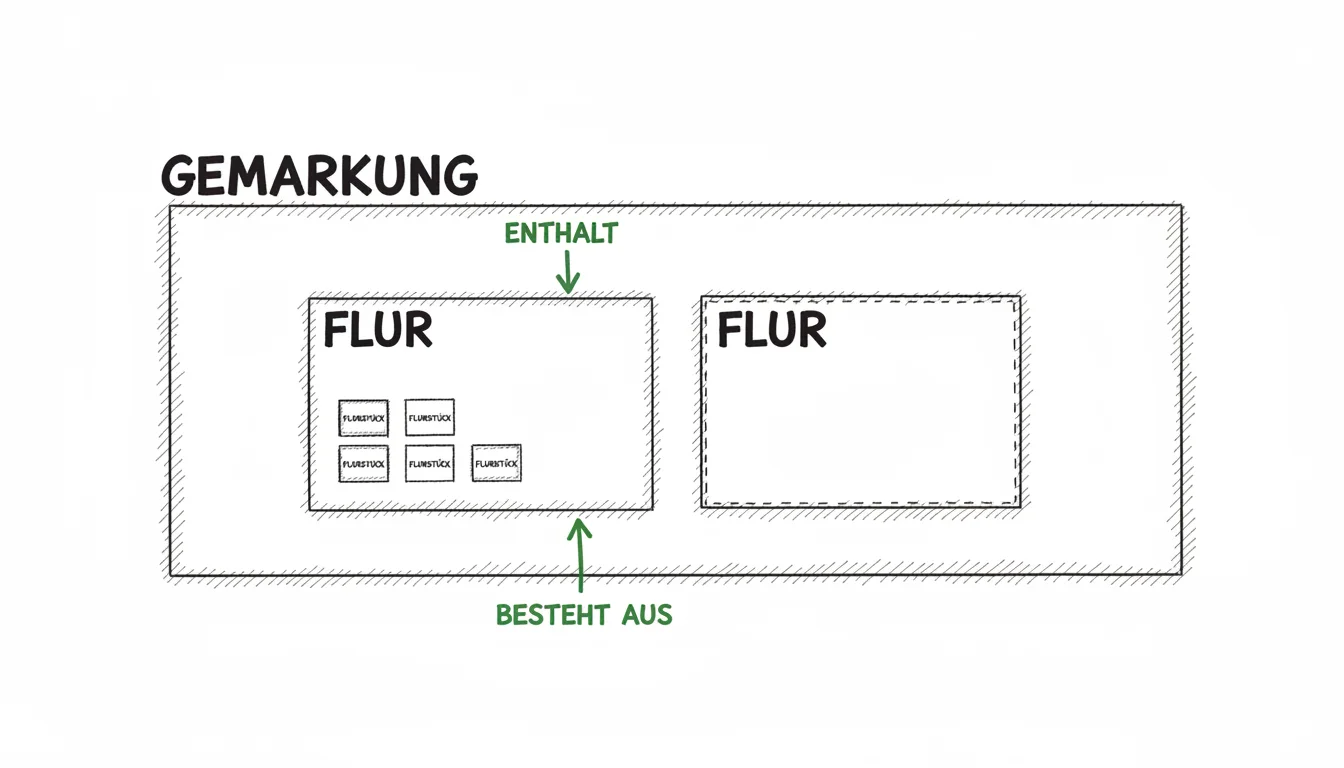 Hierarchie im deutschen Katastersystem: Die Gemarkung enthält mehrere Flure, jeder Flur besteht aus mehreren Flurstücken.