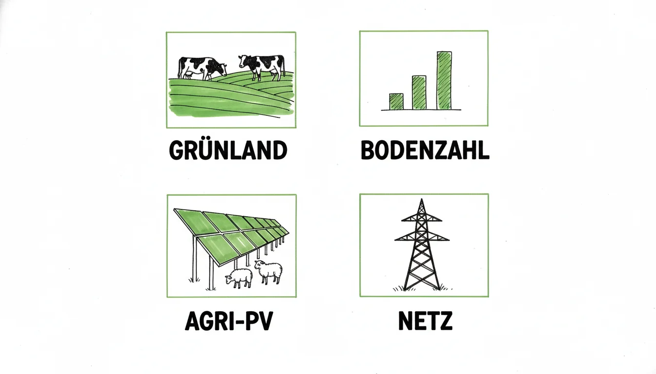 Vier Kriterien für die Photovoltaik-Verpachtung von Grünland: Grünland-Status, Bodenzahl, Agri-PV-Eignung und Netzanschluss.
