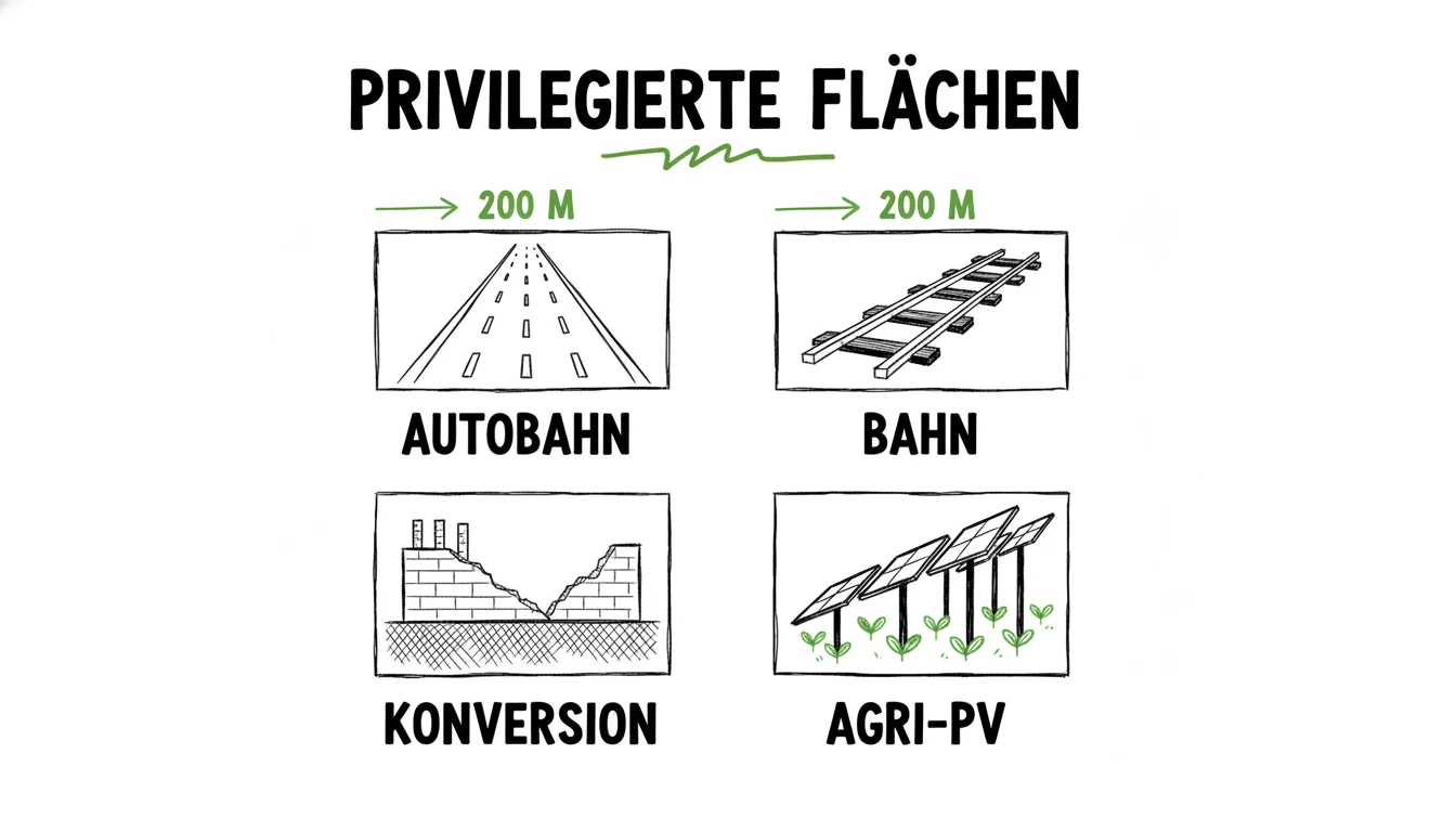 Privilegierte Flächen für Solarparks: Autobahn- und Bahnkorridore (200 m), Konversionsflächen und Agri-PV auf bis zu 2,5 Hektar – ohne Bebauungsplan nutzbar.
