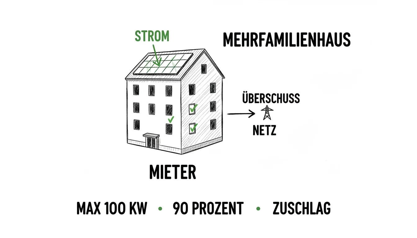 Mieterstrom einfach erklärt: Solarstrom vom Dach des Mehrfamilienhauses geht direkt an die Mieter, Überschüsse fließen ins Netz. Förderung durch Mieterstromzuschlag.