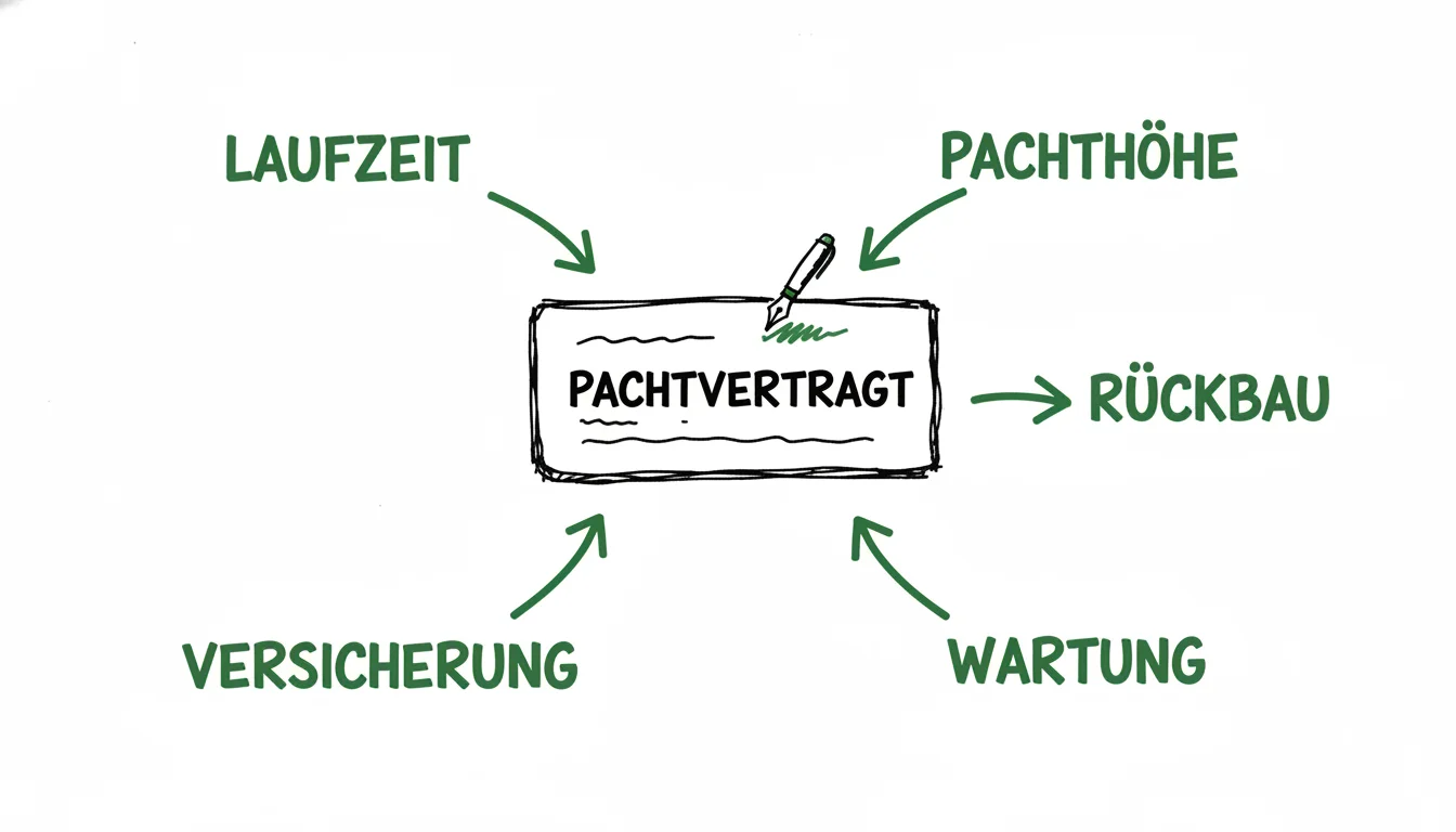 Die wichtigsten Regelungen im Solarpark-Pachtvertrag: Laufzeit, Pachthöhe, Rückbau, Versicherung und Wartung.