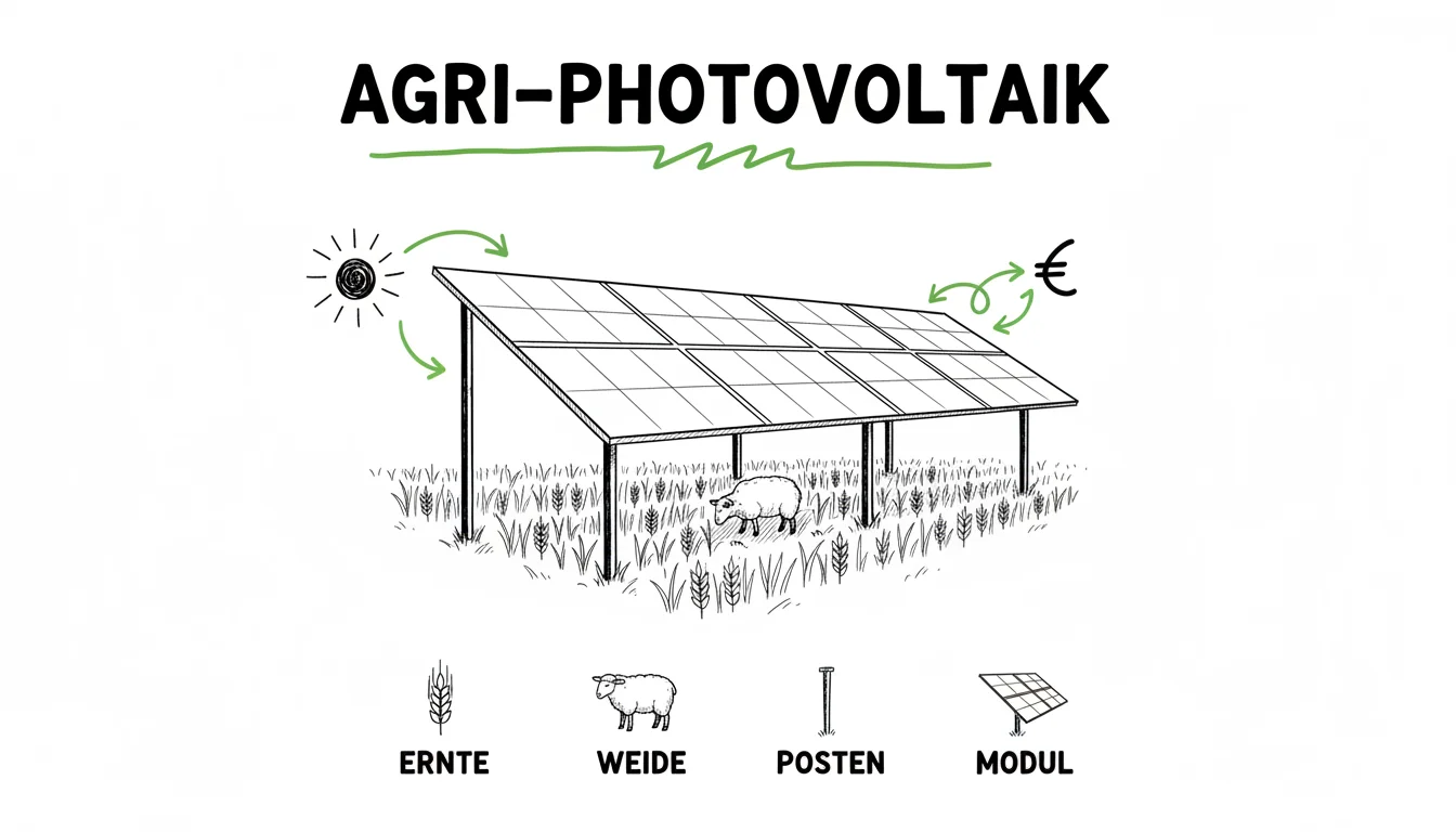 Agri-Photovoltaik auf Ackerland: Solarmodule über Feldfrüchten erzeugen gleichzeitig Strom und Pachteinnahmen bei fortgesetzter Landwirtschaft.