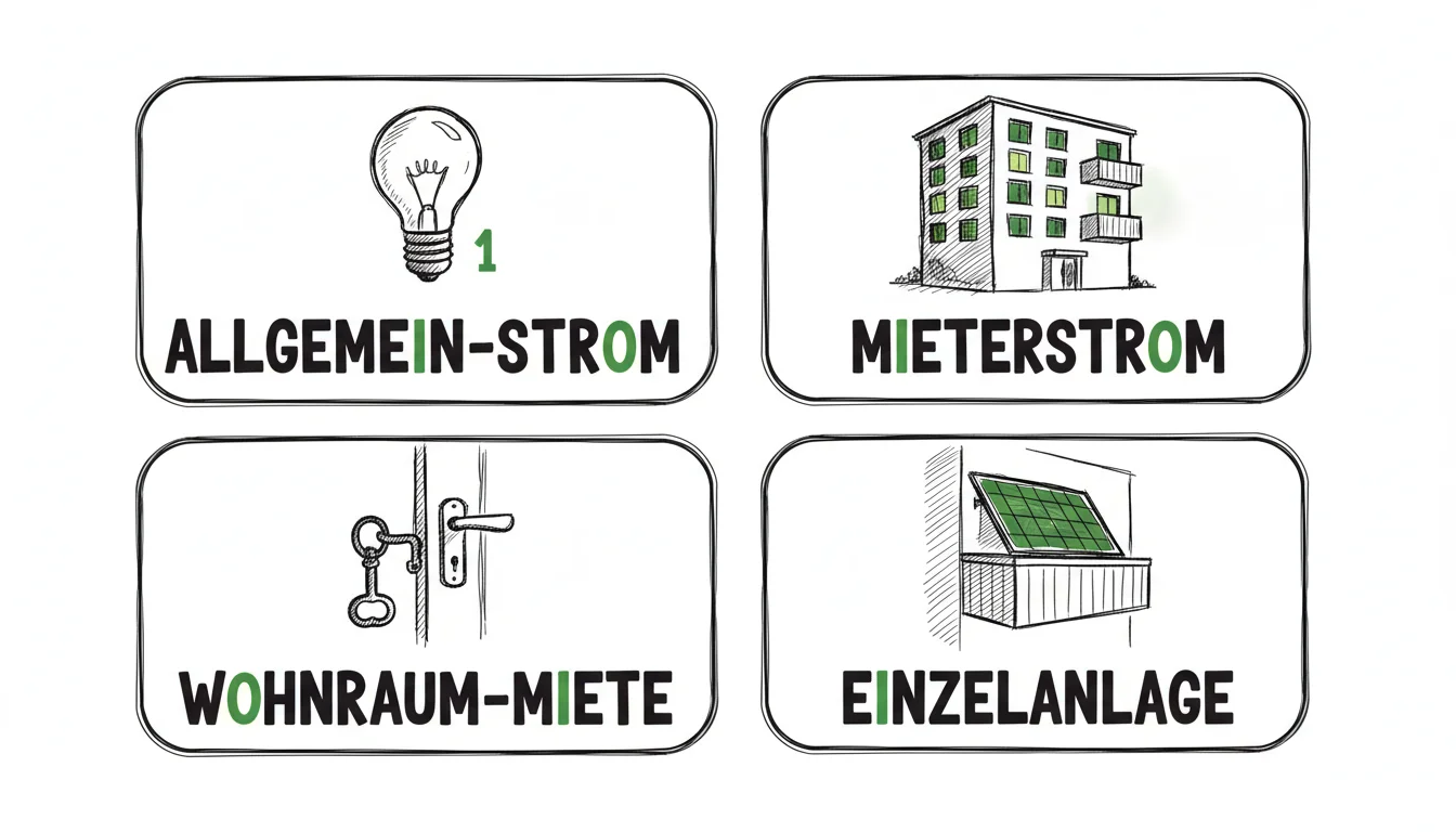 Vier Betriebsmodelle für Photovoltaik am Mehrfamilienhaus: Allgemeinstrom, Mieterstrom, PV-Wohnraummiete und Einzelanlagen auf dem Balkon.