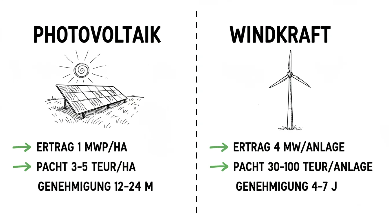Vergleich Photovoltaik und Windkraft bei Flächenverpachtung: Ertrag, Pachtpreis und Genehmigungsdauer im direkten Gegenüber.