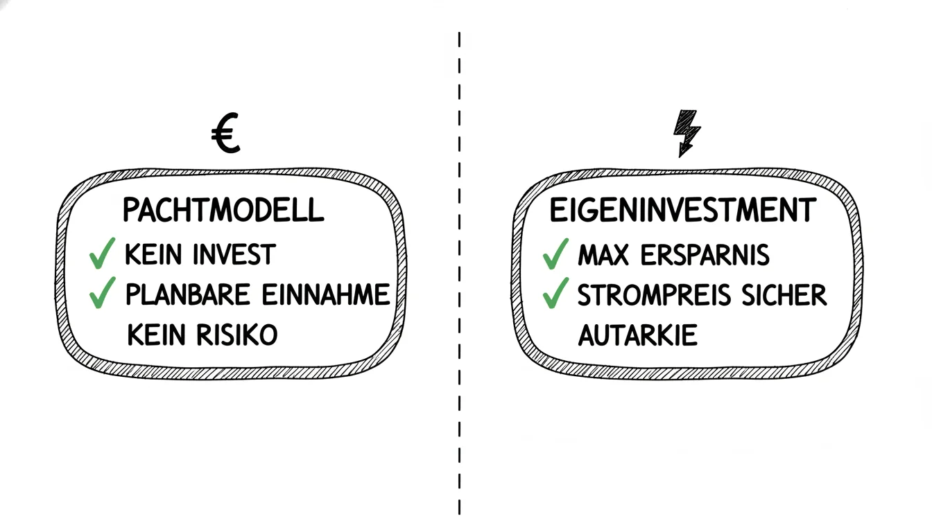Pachtmodell vs. Eigeninvestment bei PV auf dem Industriedach: Pacht bedeutet kein Invest, planbare Einnahme und kein Risiko; Eigeninvestment bringt maximale Ersparnis, Strompreis-Sicherheit und Autarkie.