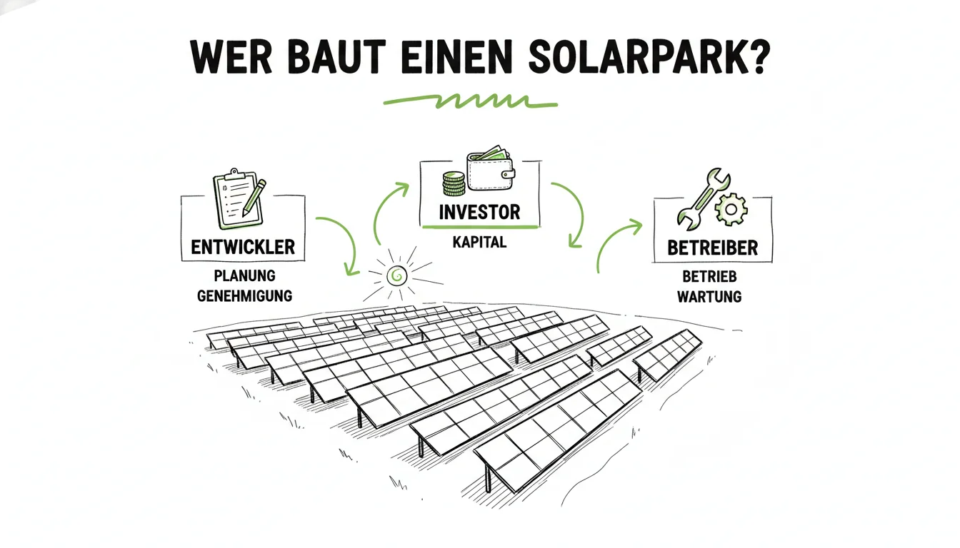 Solarpark-Projektentwickler, Investor und Betreiber arbeiten zusammen: Planung und Genehmigung, Kapital, sowie Betrieb und Wartung.