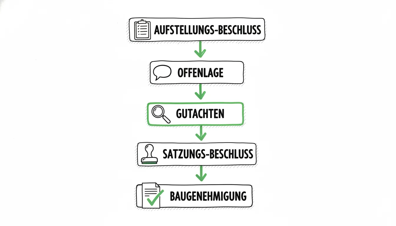 Ablauf des Solarpark-Genehmigungsverfahrens: Aufstellungsbeschluss, öffentliche Offenlage, Gutachten, Satzungsbeschluss und finale Baugenehmigung.