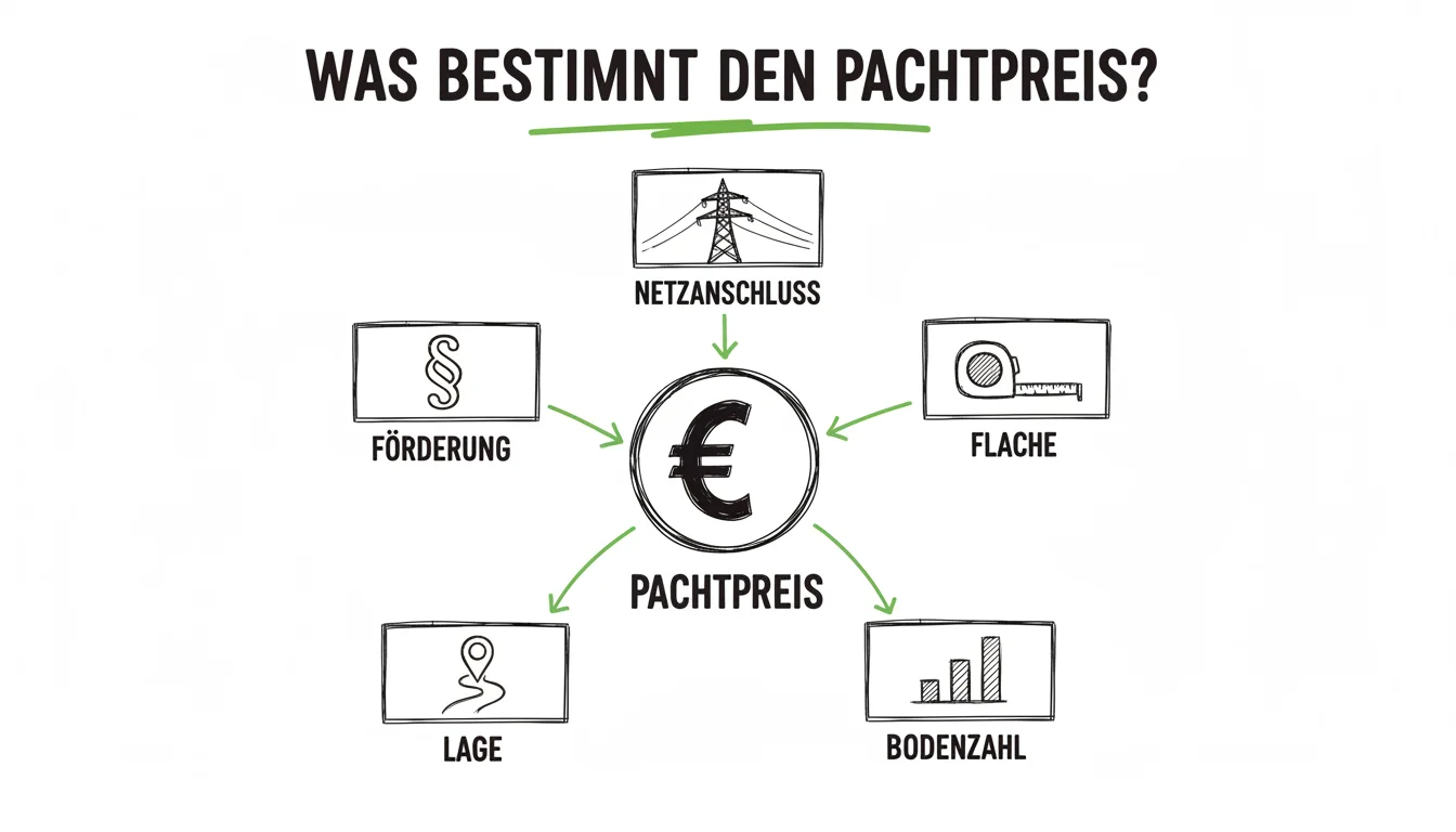 Solarpark-Pachtpreise: Fünf Faktoren bestimmen den Preis pro Hektar – Netzanschluss, Flächengröße, Bodenzahl, Lage und Förderung.