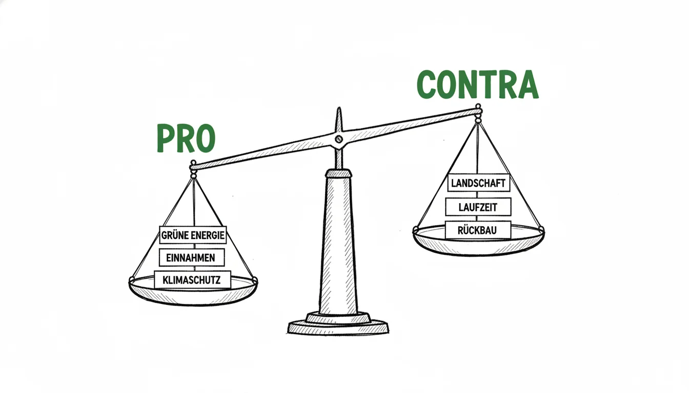 Photovoltaik Pro und Contra als Waage: Auf der Pro-Seite überwiegen Grüne Energie, Einnahmen und Klimaschutz die häufigsten Kritikpunkte Landschaft, Laufzeit und Rückbau.