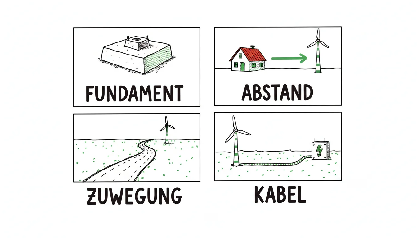 Vier Flächen-Anforderungen bei der Windkraft-Verpachtung: Fundamentbereich, Abstand zur Wohnbebauung, Zuwegung und Kabeltrasse.