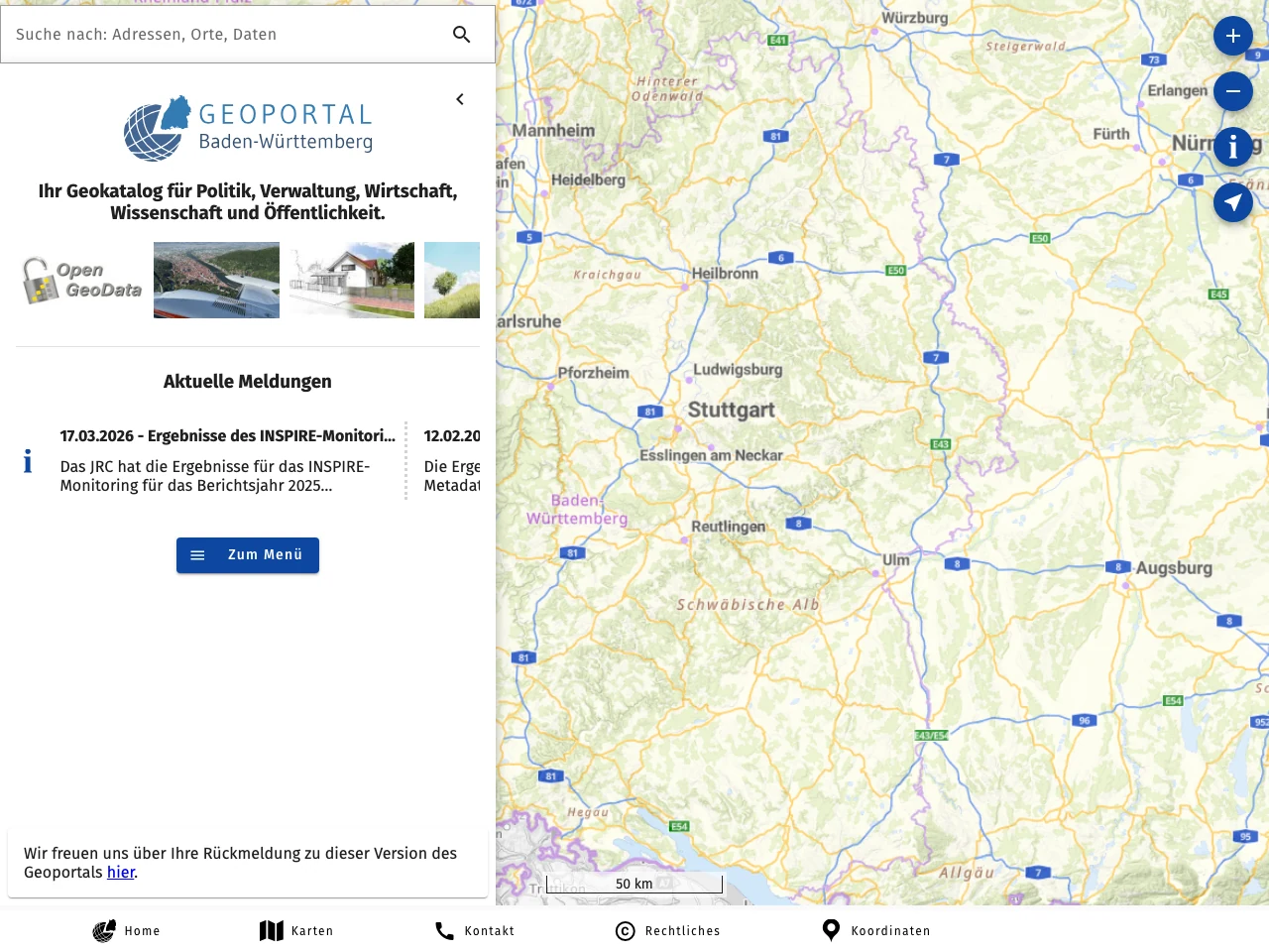 Startseite des Geoportal Baden-Württemberg mit Suchfunktion und Karte