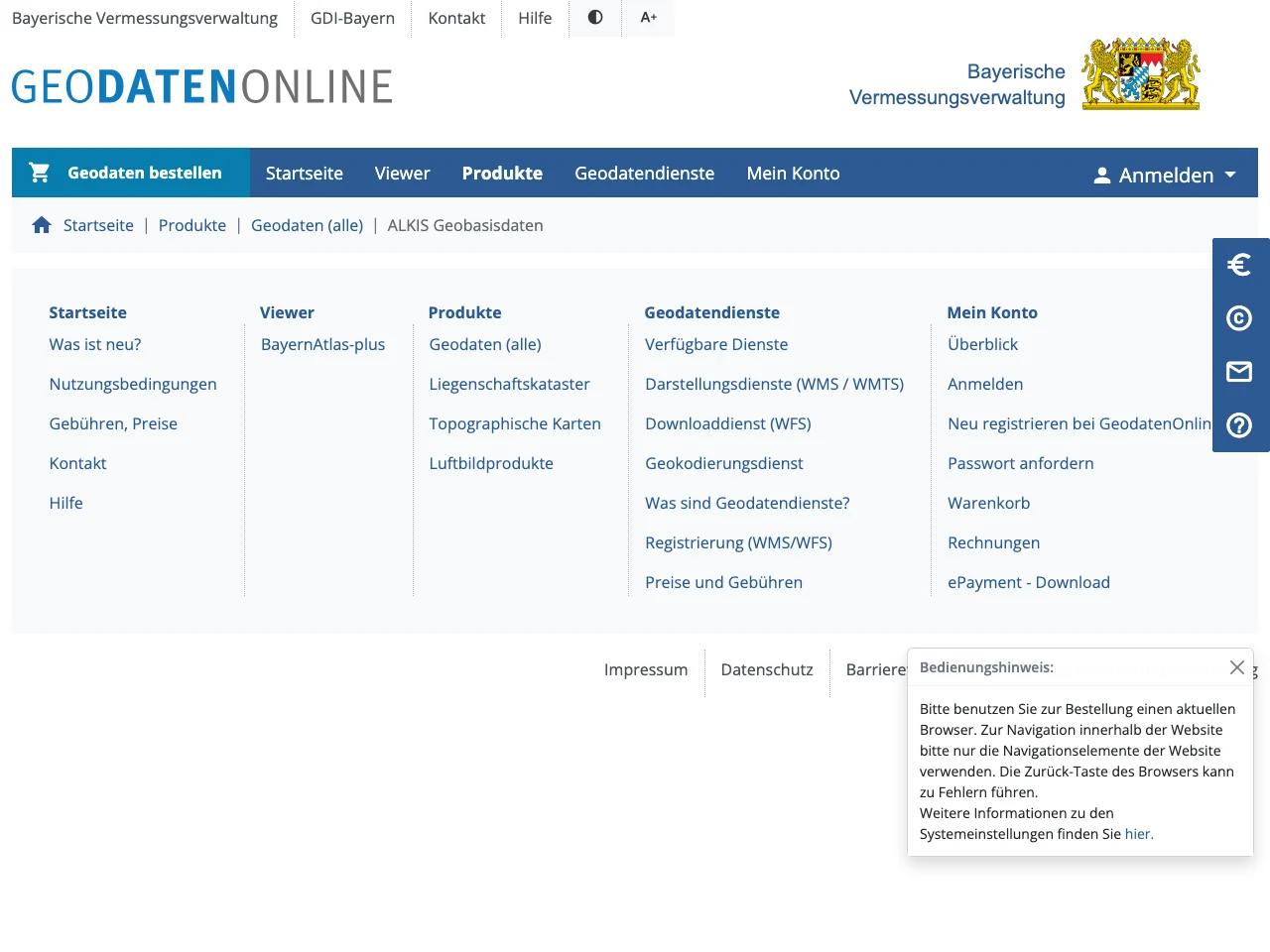 Startseite des Geoportal Bayern mit Suchfunktion und Karte