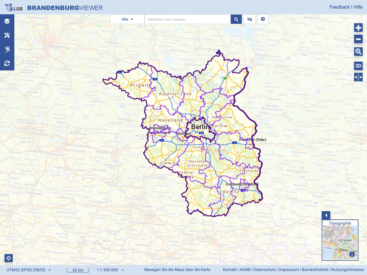 Startseite des Brandenburg-Viewer (BB-Viewer) mit Suchfunktion und Karte