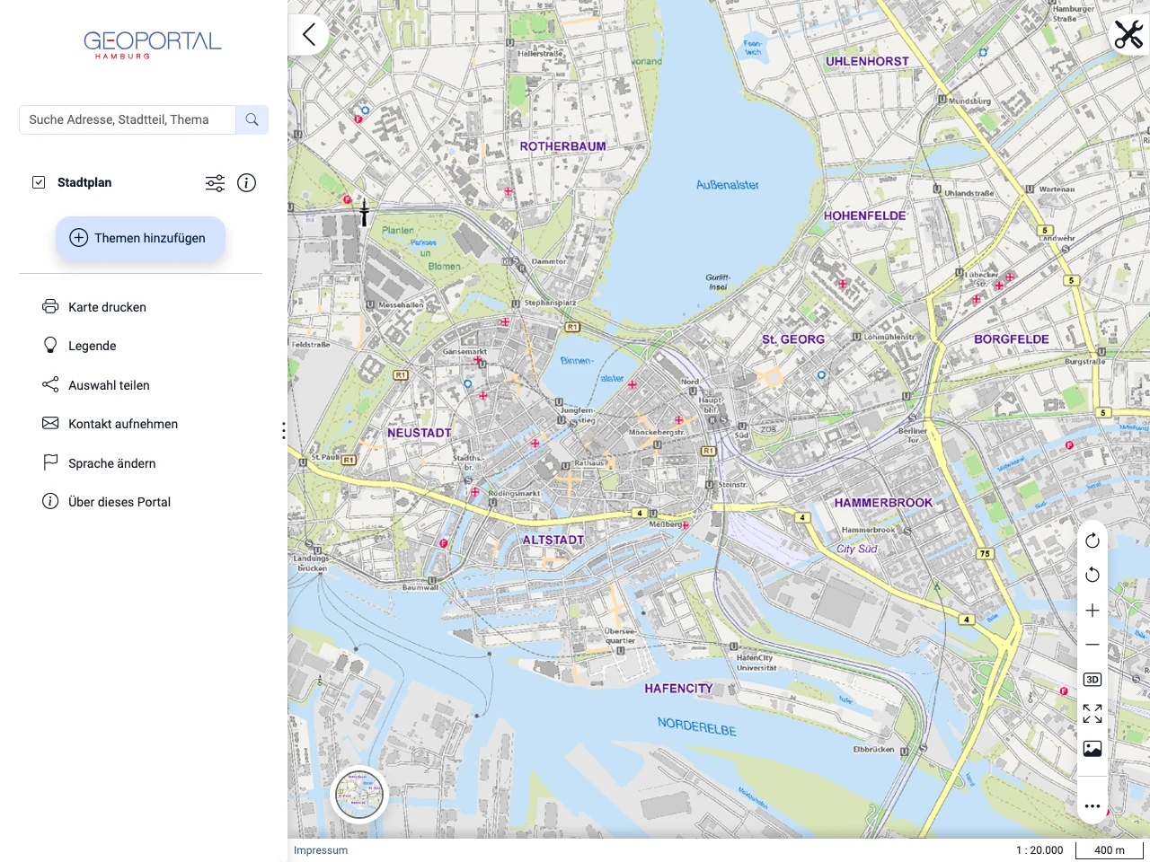 Startseite des Geoportal Hamburg (Geo-Online) mit Suchfunktion und Karte