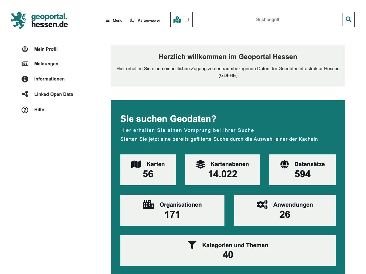 Startseite des Geoportal Hessen mit Suchfunktion und Karte