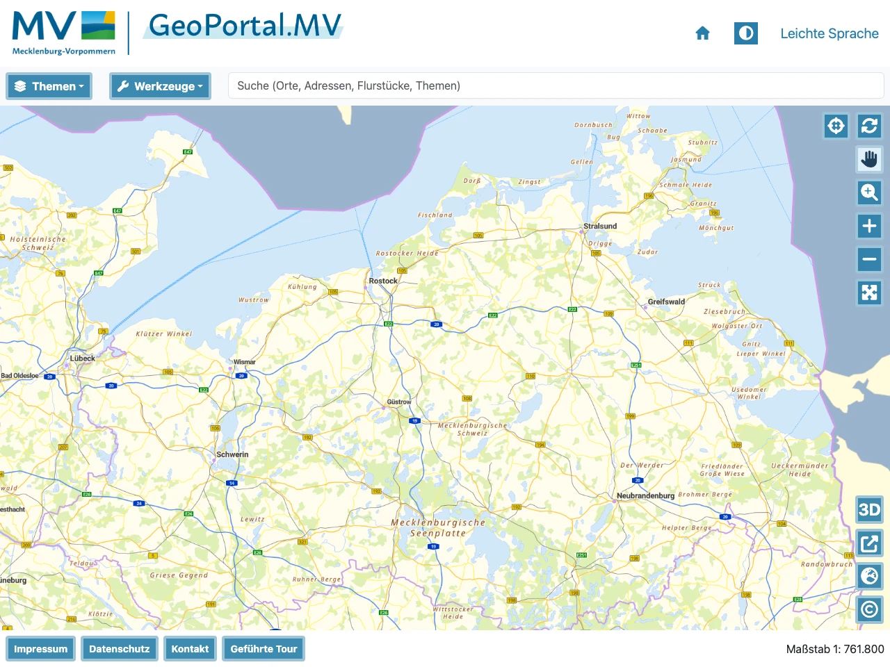 Startseite des Geoportal MV (GAIA-MVlight) mit Suchfunktion und Karte