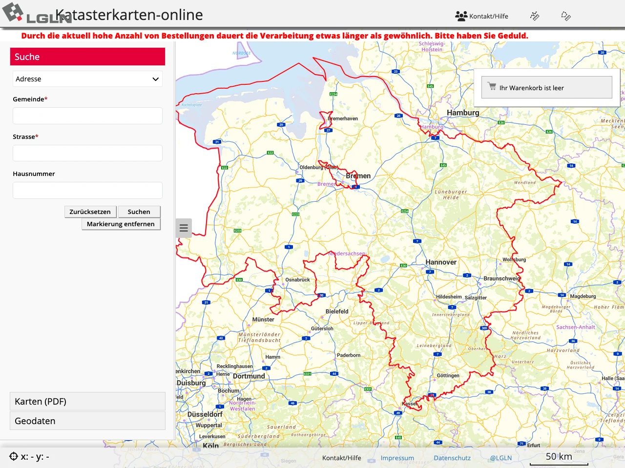 Startseite des Katasterkarten-Online Niedersachsen mit Suchfunktion und Karte