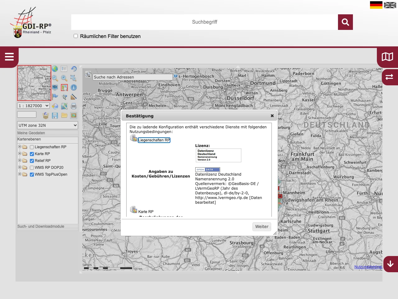 Startseite des Geoportal Rheinland-Pfalz mit Suchfunktion und Karte