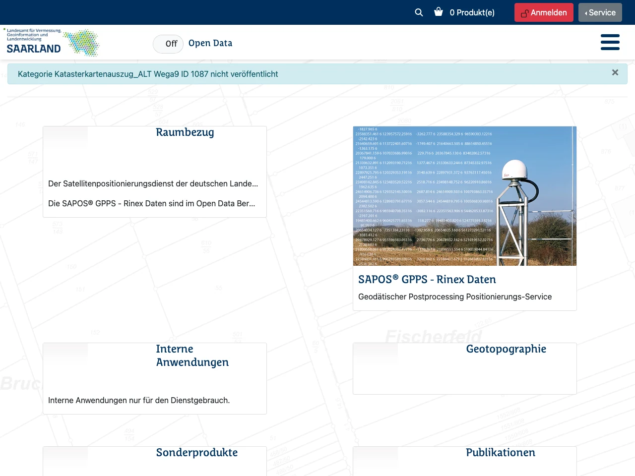 Startseite des LVGL Saarland (Online-Shop) mit Suchfunktion und Karte