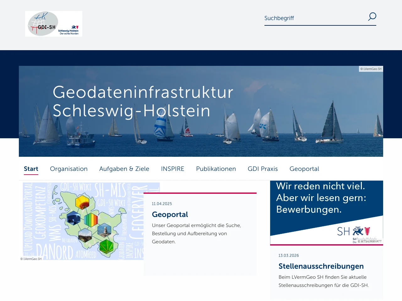 Startseite des Geoserver Schleswig-Holstein (Verwaltungsportal) mit Suchfunktion und Karte